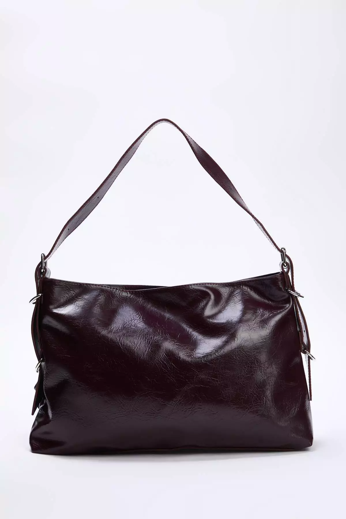 Burgundy Wrinkled Faux Leather Belt Buckle Pouch Women'S Maxi Size Shoulder Bag Takaw26Oc00046