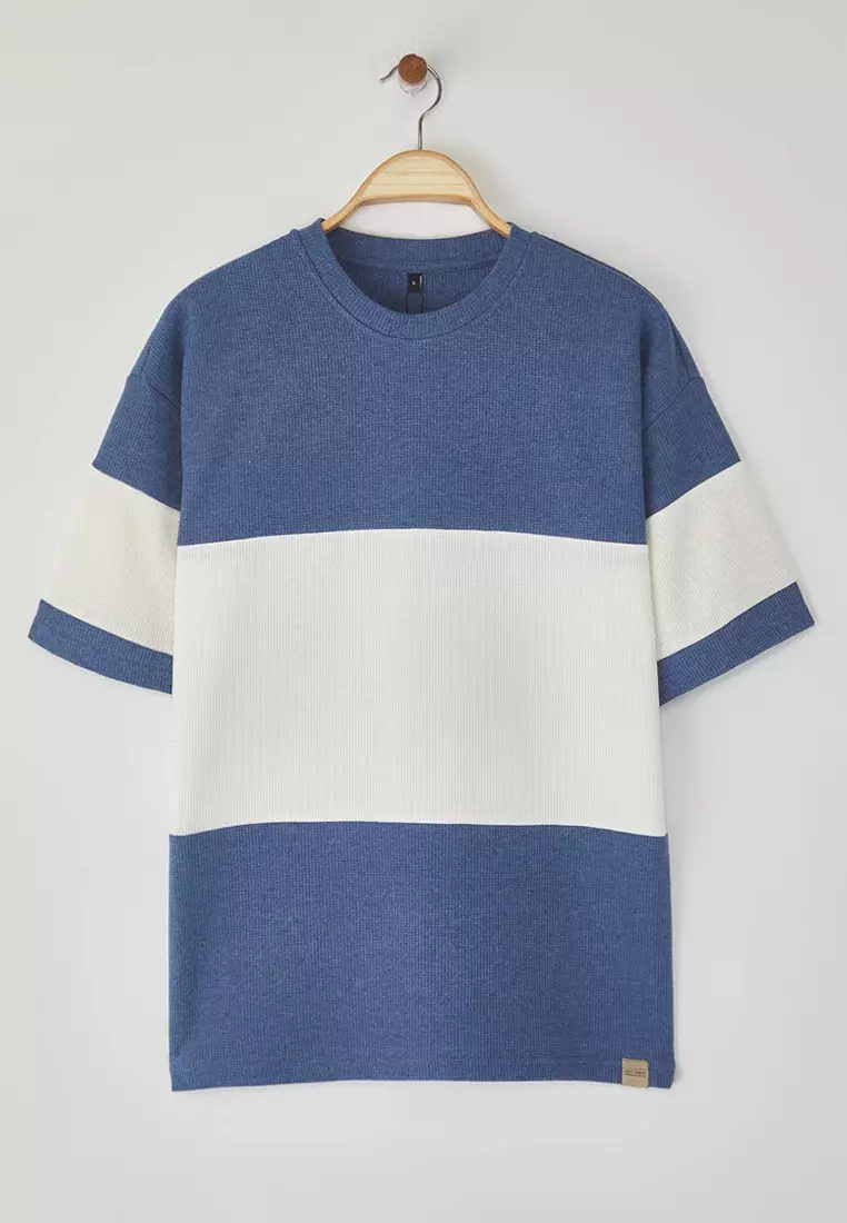 Indigo Oversize/Wide Cut Color Block Textured T-Shirt TMNSS25TS00065
