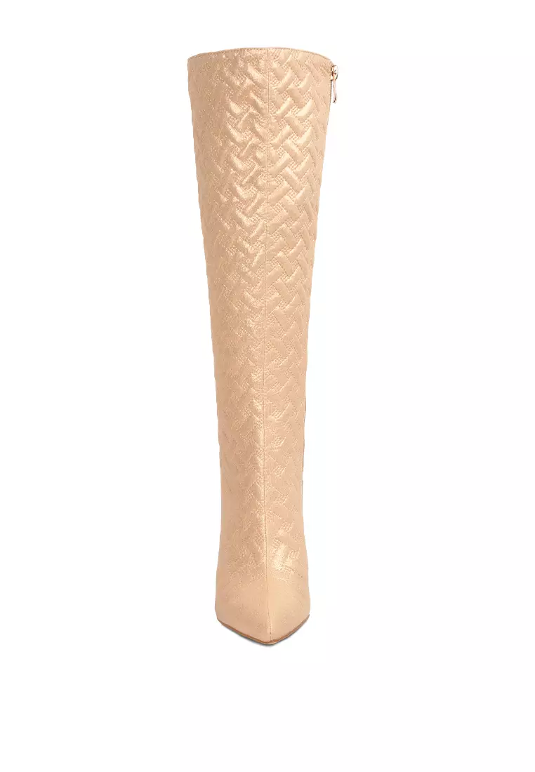 Beige tinkles quilted high heeled calf boots