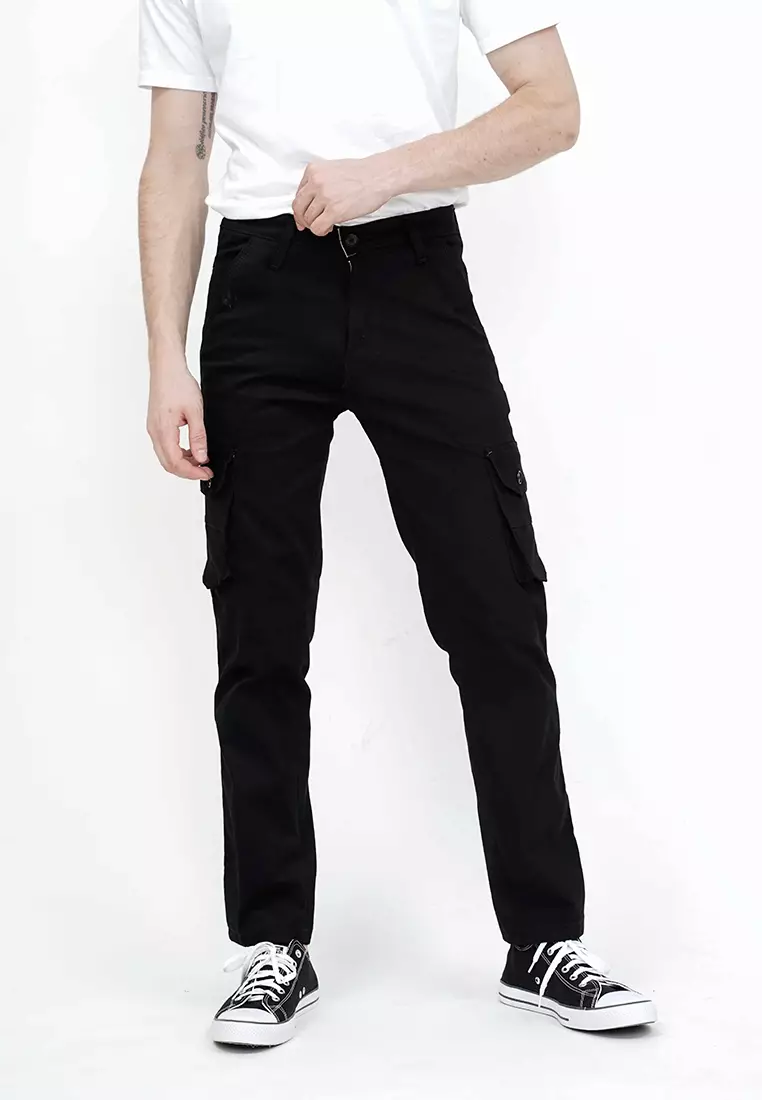 Celana Panjang kargo Pria Slim Fit Cargo pants kantong stretch melar Hitam