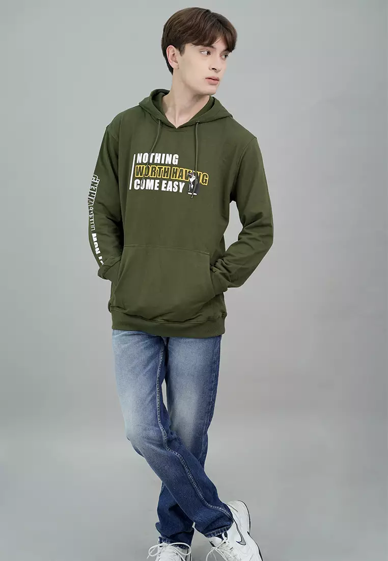 LGS Street - Hoodie Casual Pria Lengan Panjang Warna Hijau Army Motif Sablon - SH.10.H031.019.C