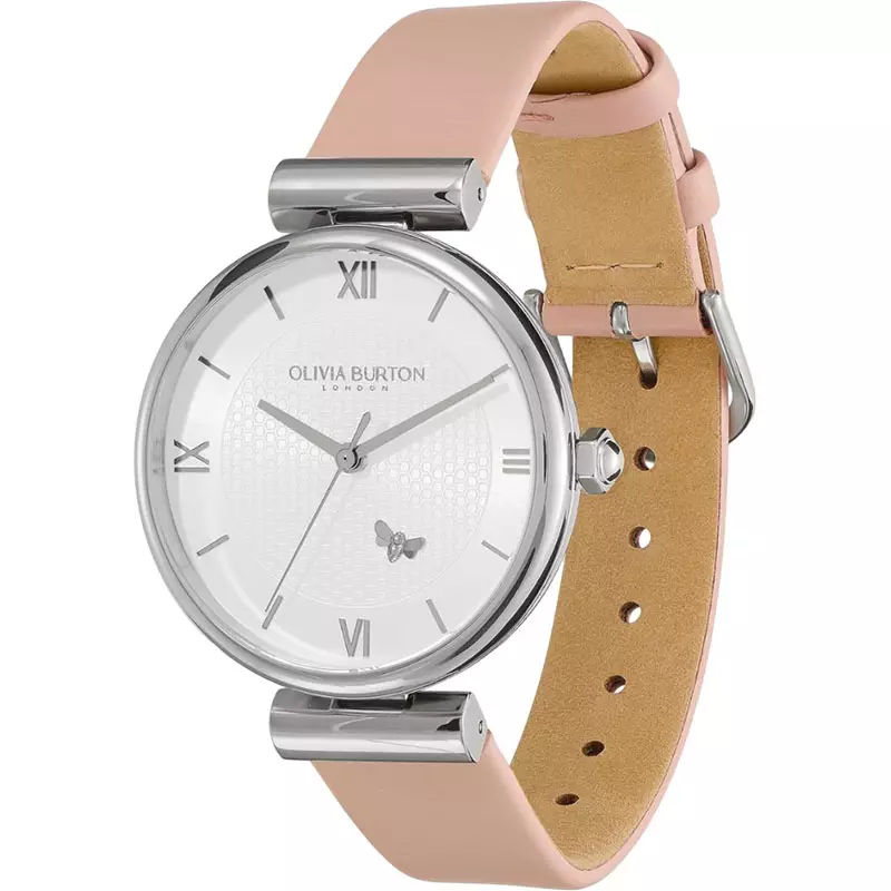 Jam Tangan Wanita Olivia Burton Minima 24070004 Bee Silver Dial Pink Leather Strap + Extra Bracelet