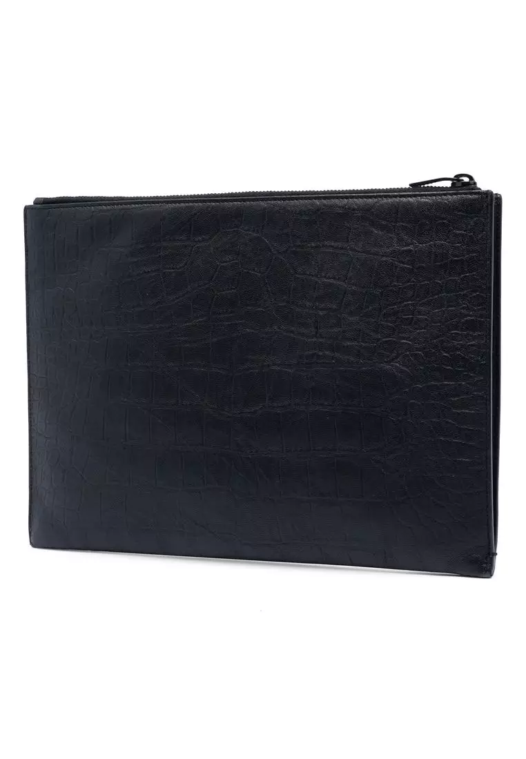 SAINT LAURENT Pre-Loved Saint Laurent Croc Embossed Leather Monogram ...