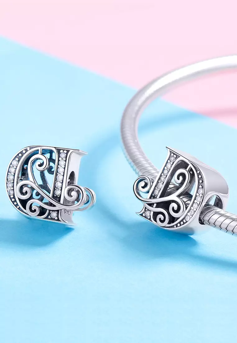 Solid 925 Sterling Silver Vintage Inspired Antique Alphabet Charm D