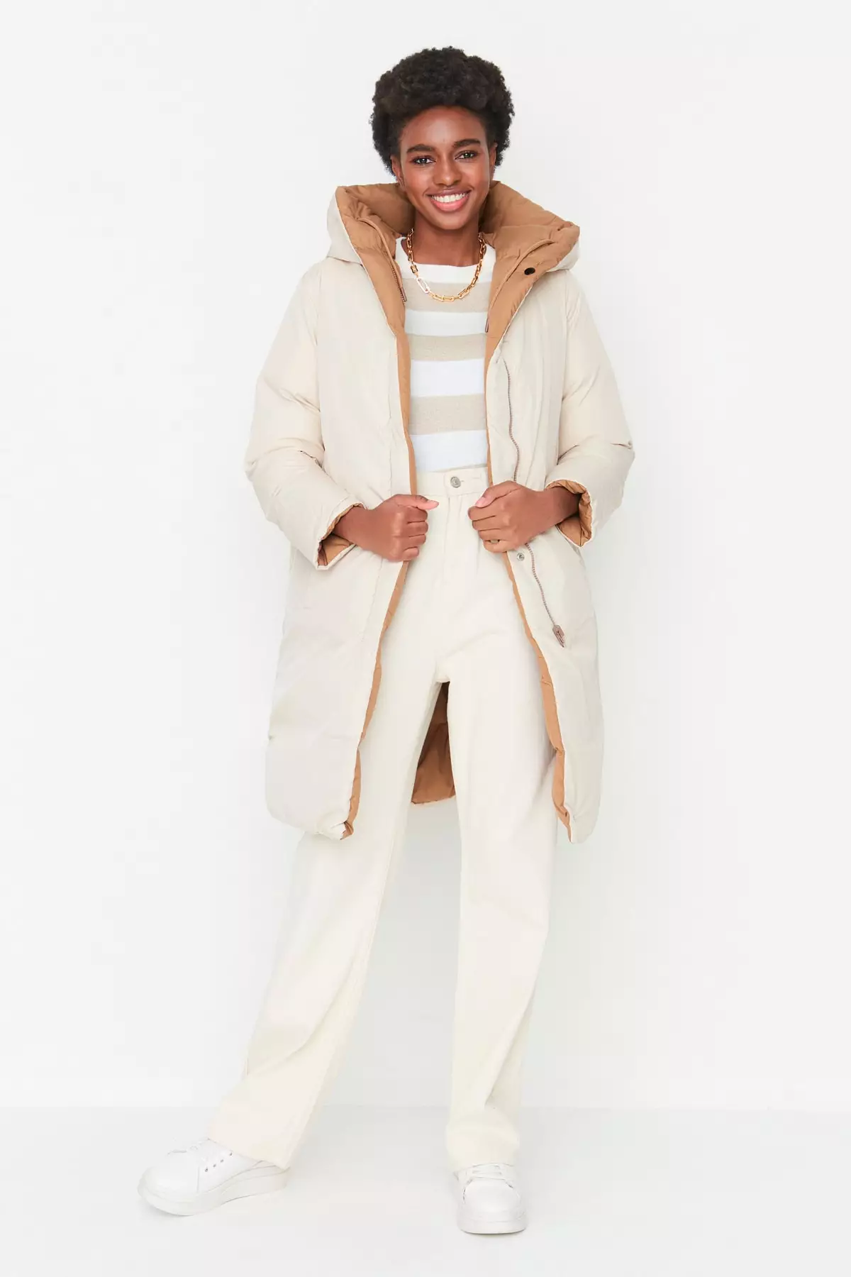 Brown-Ecru Double Sided Hooded Water Repellent Long Puffer Jacket TWOAW23MO00052