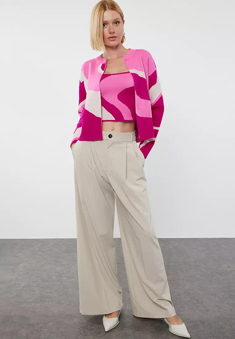 Colorblock Print Cardigan & Tank Top Set