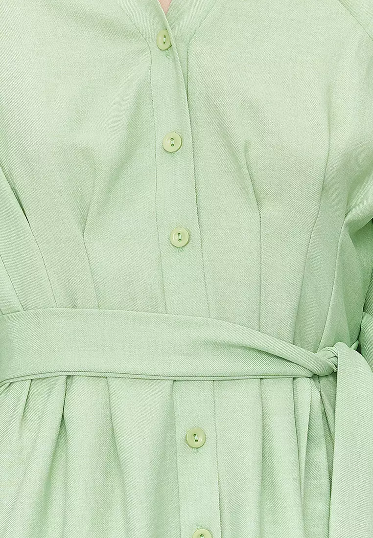 Belted Half Balloon Sleeve Shirt Dress