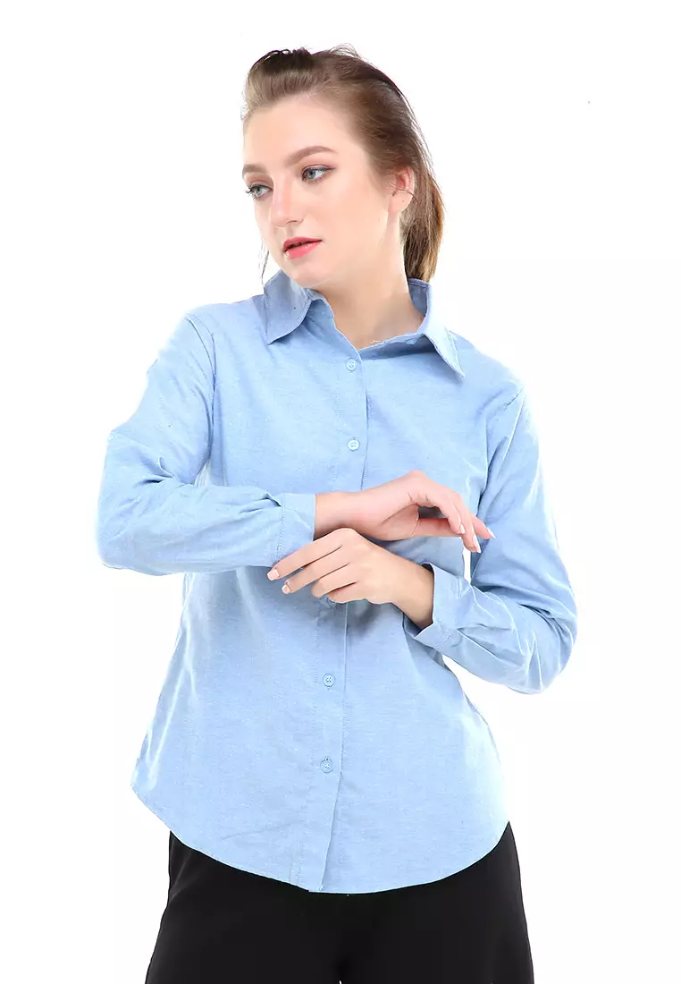 Jeanly Kemeja Lengan Panjang Motif Solid Atasan Wanita Regular Fit - Denim