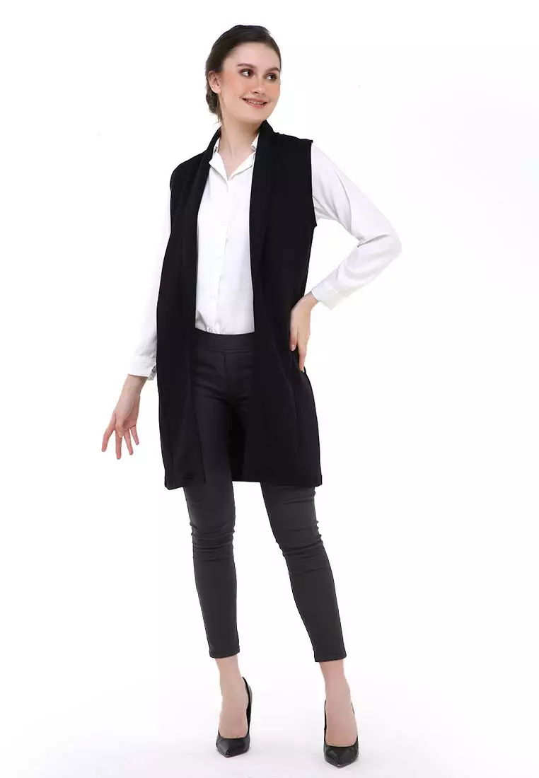 Qemsya Blazer Wanita Sleeveless Simple Casual Plain Outer Material Scuba ORIGINAL - Black