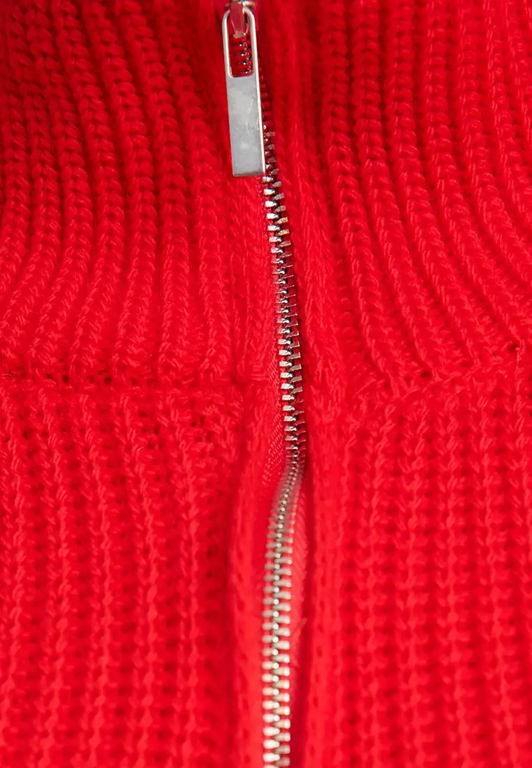 Red Zipper Collar Knitwear Sweater Tbbaw25An00026
