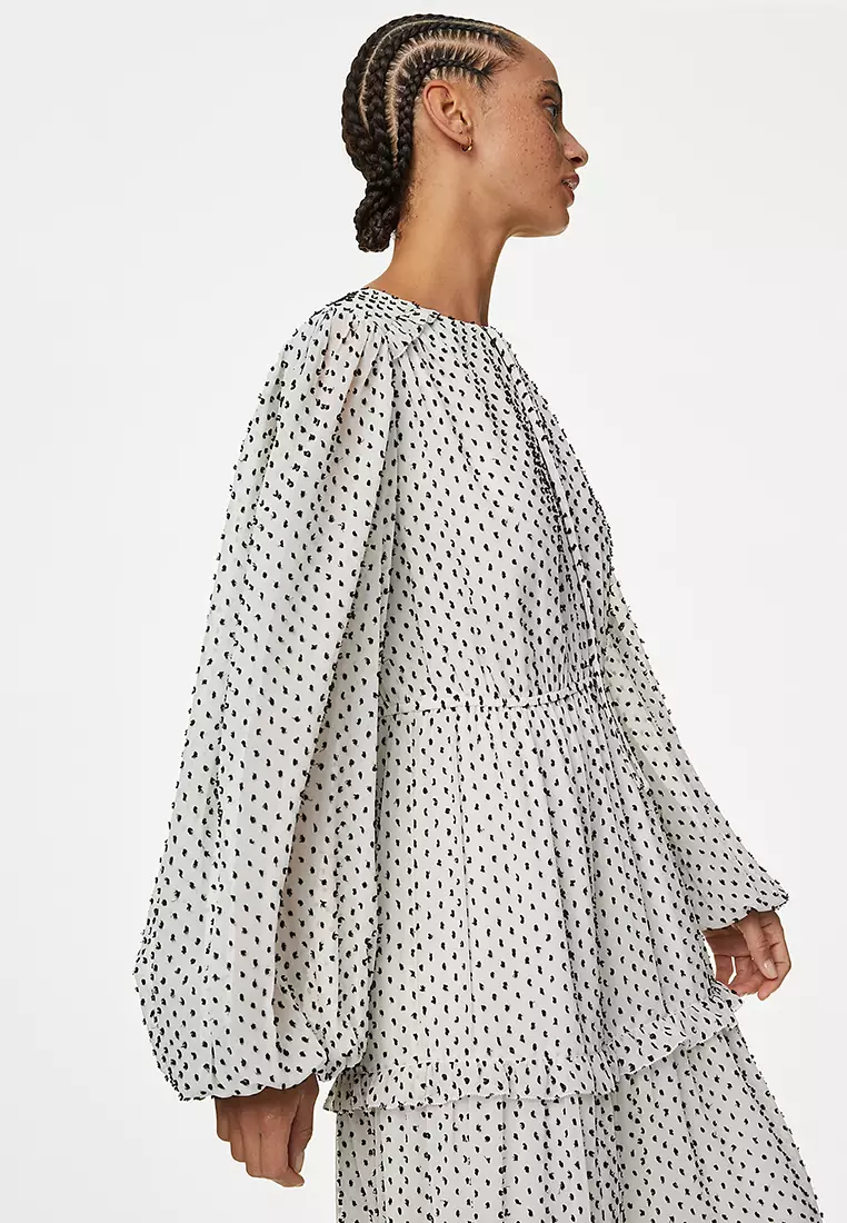 Polka Dot Tie Neck Maxi Tiered Dress
