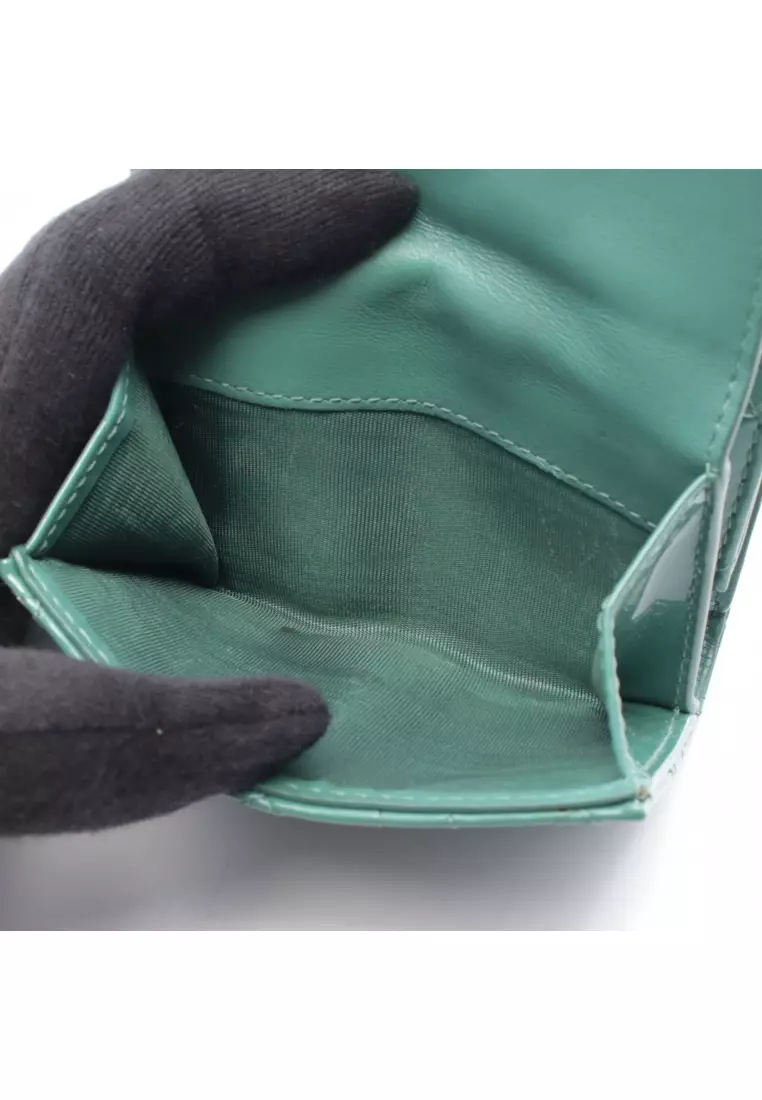 Pre-Loved Christian Dior LADY DIOR lotus wallet trifold wallet Patent leather Emerald green