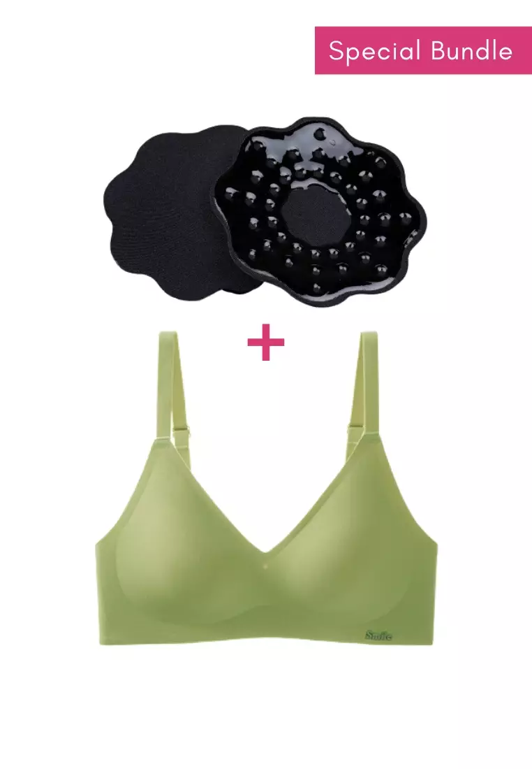 Special Bundle Premium Melanie Seamless Wireless Padded Support Bra in Green Apple and Nipple Cover Pads Flower in Black
