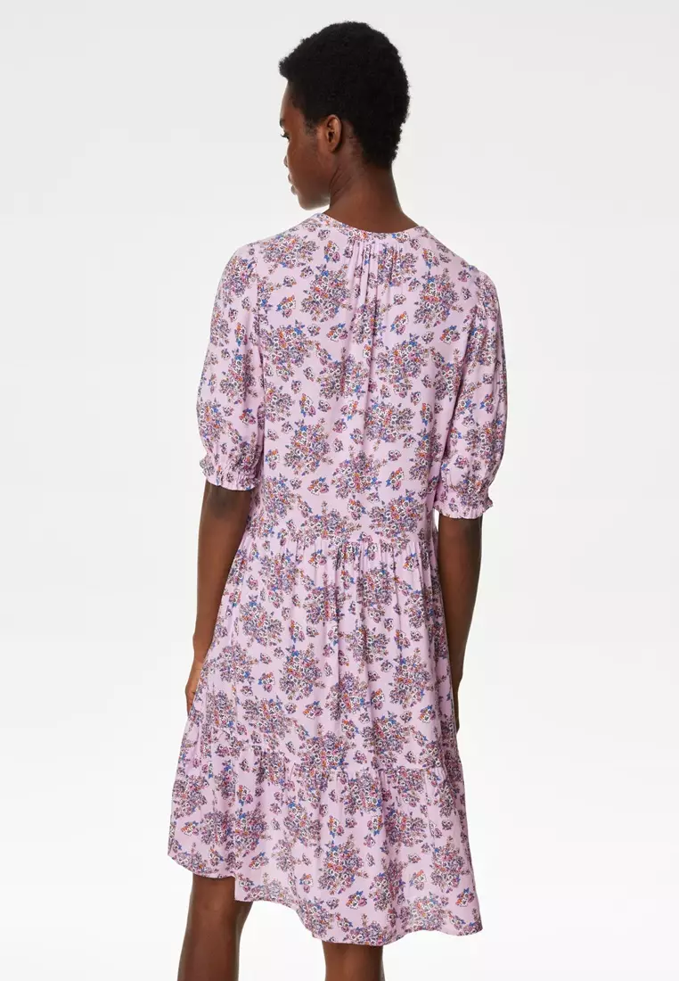 Printed V-Neck Knee Length Tiered Dress