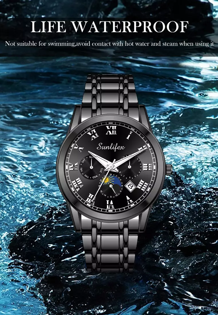 Jam Tangan Pria Tali Stainless Steel Anti Air Kuarsa Santai Mode Jam Tangan Cowok all black