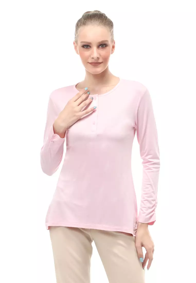 Kaos Wanita Lengan Serut Motif Solid Design Simple Relaxed Fit - Soft Pink
