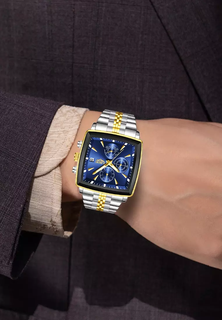 Chronograph Unisex Gold color finished Stainless Steel Quartz Watch 40X40mm, Green Dial, on Bicolor Bracelet