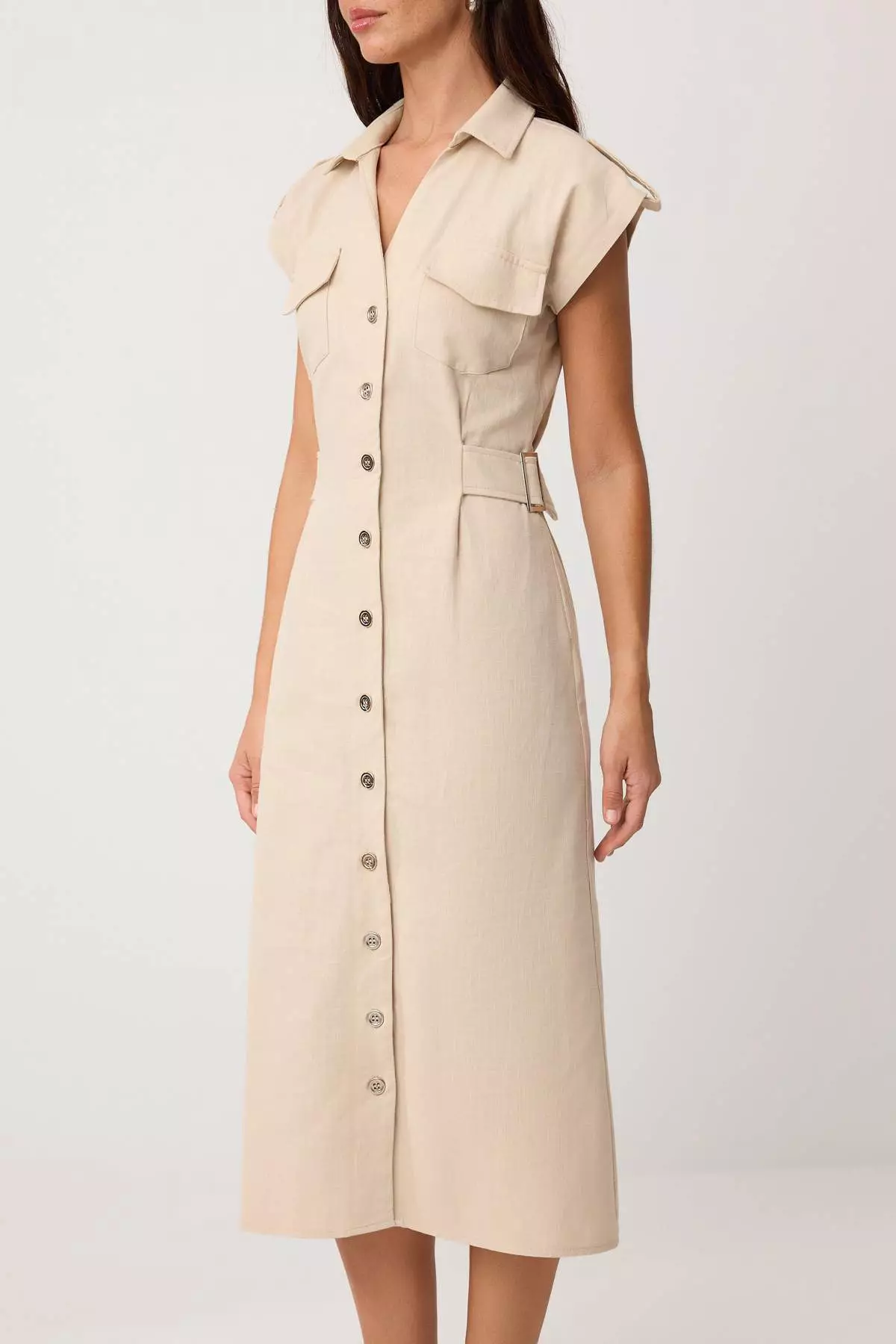 Stone Accessory Detail Midi Woven Shirt Dress Twoss26El125