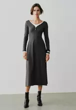 Buy Urban Revivo Long Sleeve V-neck Contrast Trim Cotton Blend A-line ...