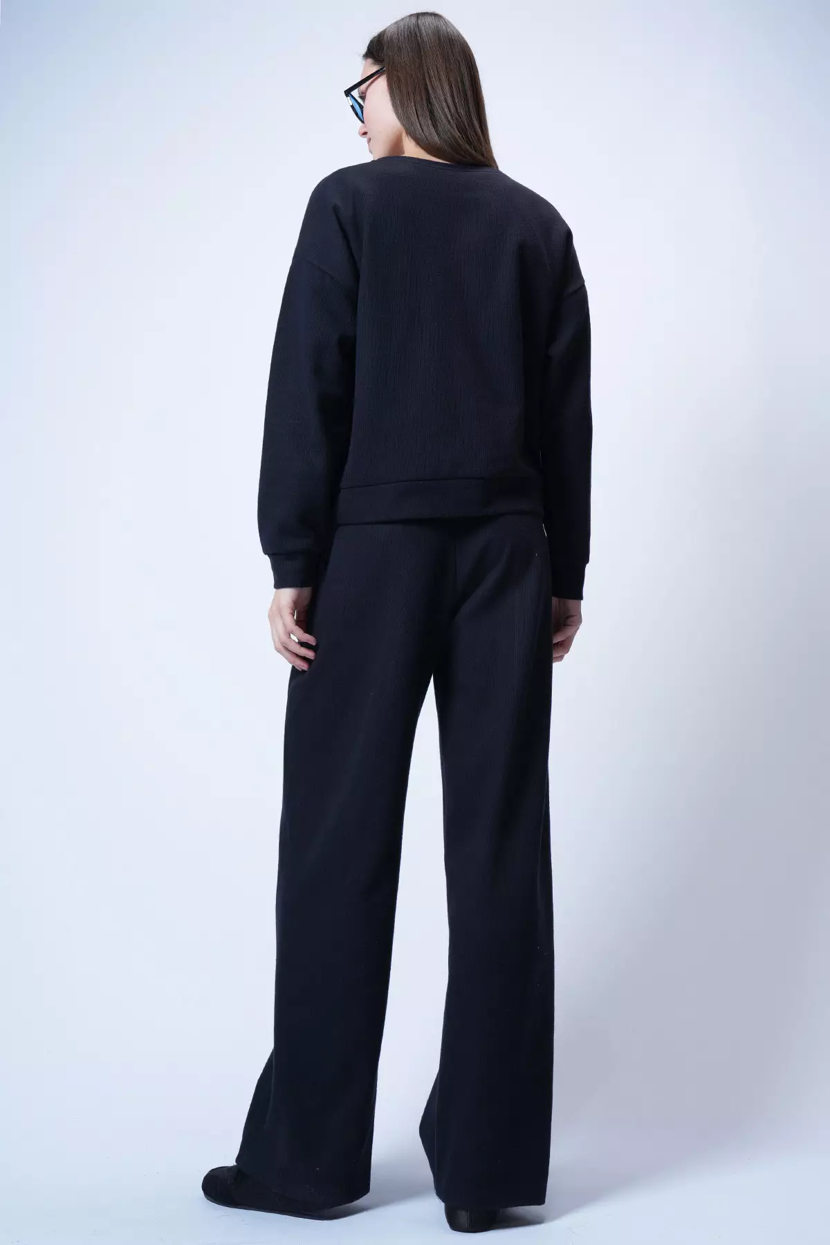 Women'S Navy Blue Crew Neck Ribbed Stitching Blouse And Double Pocket Green Trousers Set Alc-X14543
