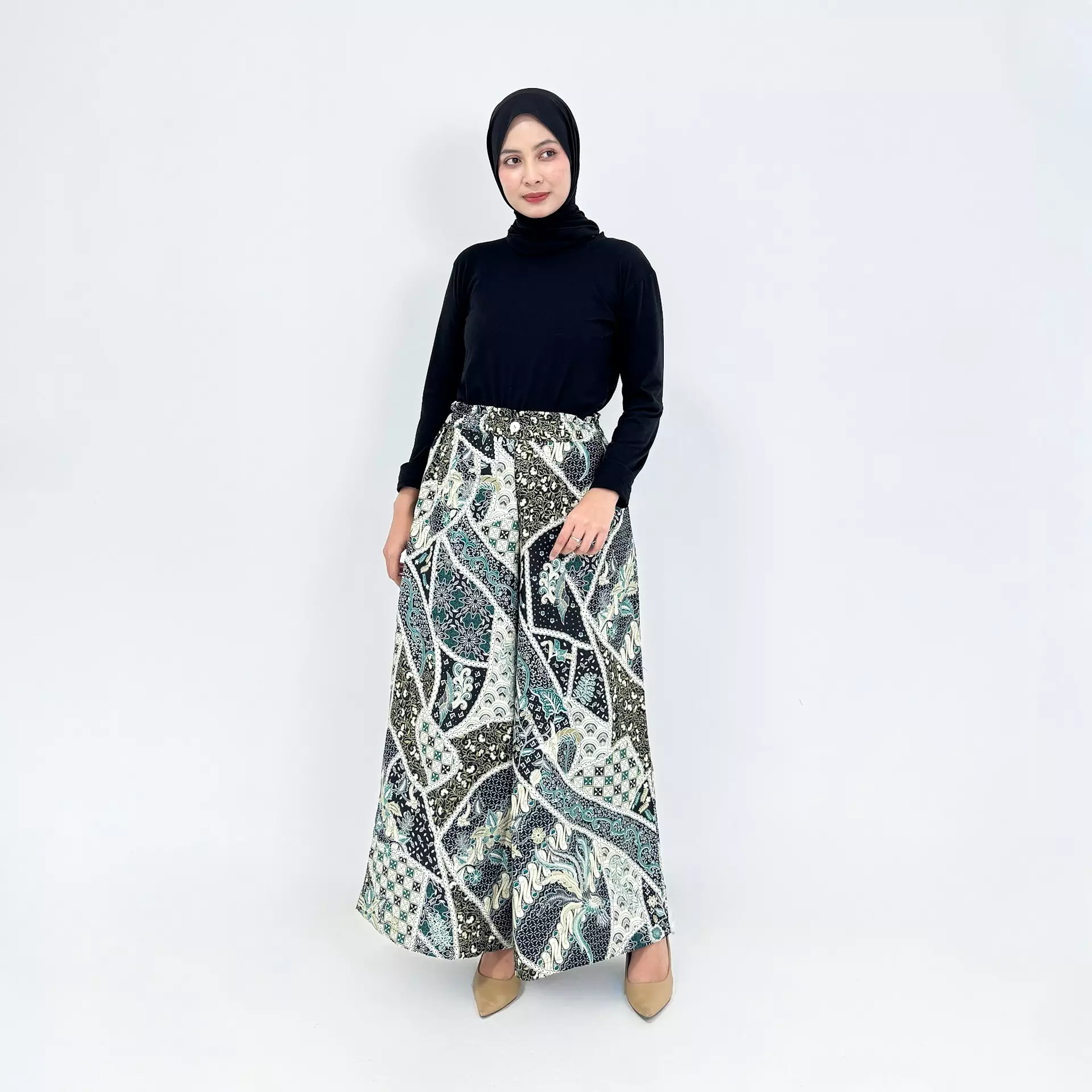 Celana Batik Ashley Premium HIJAUKulot Basic Formal Wanita Flare