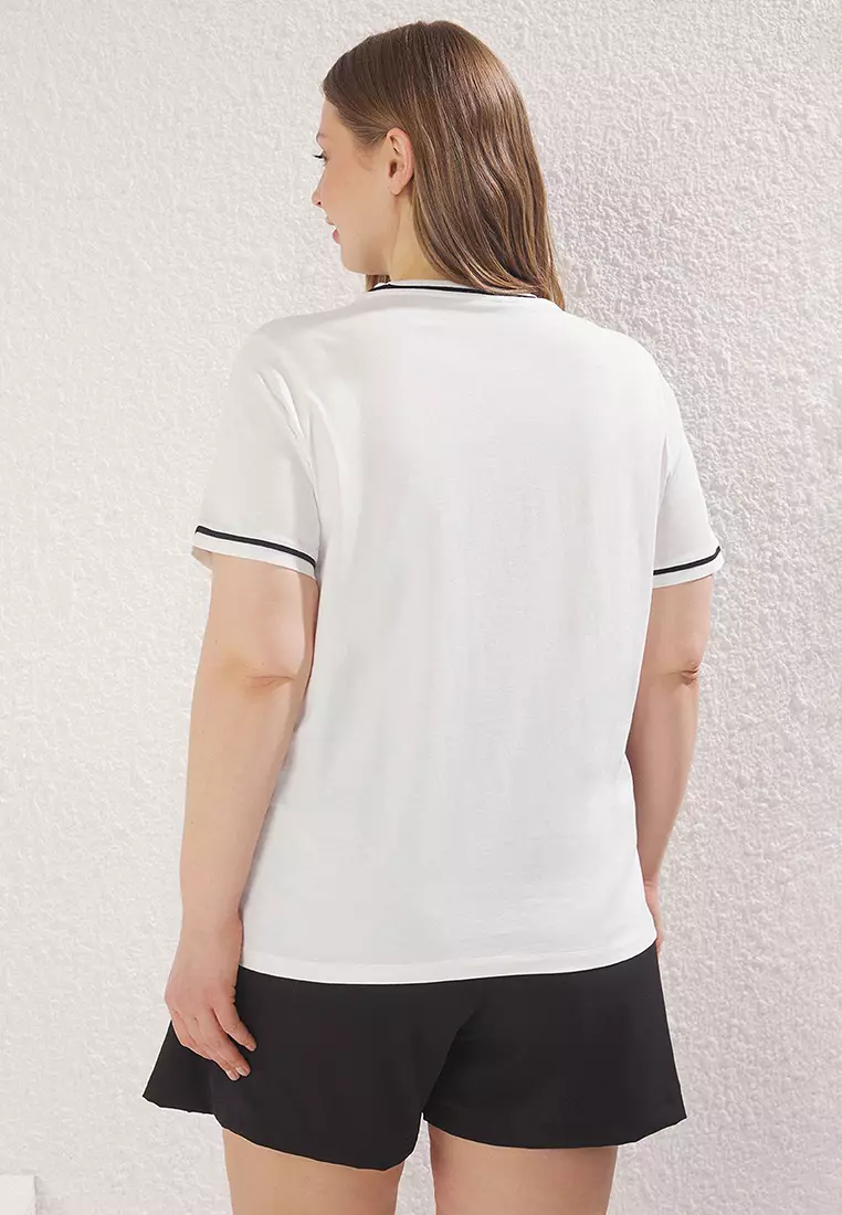 Ecru Crew Neck with Piping Detail Basic Plus Size T-shirt TBBSS25BF00050