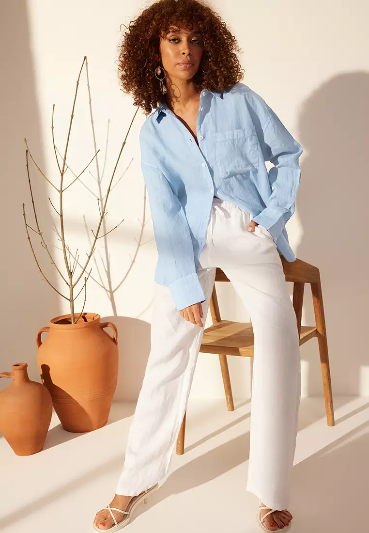 Blue 1% Linen Pocket Detailed Oversized Shirt Twoss26Go39