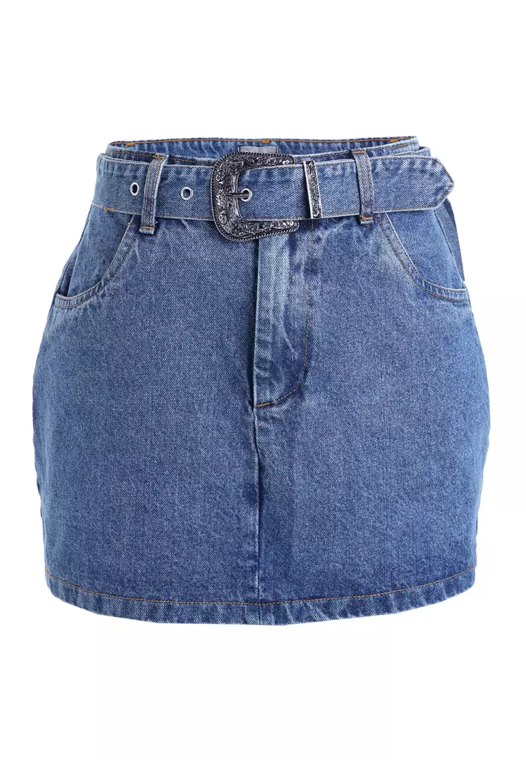 Sculpted Buckle Mini Skirt in Mid Blue