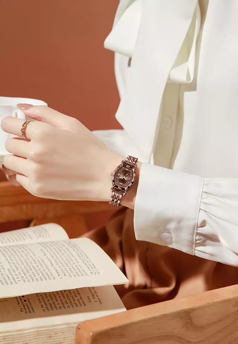 Jam Tangan Wanita Korea Original Tonneau Dial Berlian Anti Air Jam Tangan Cewek rose brown