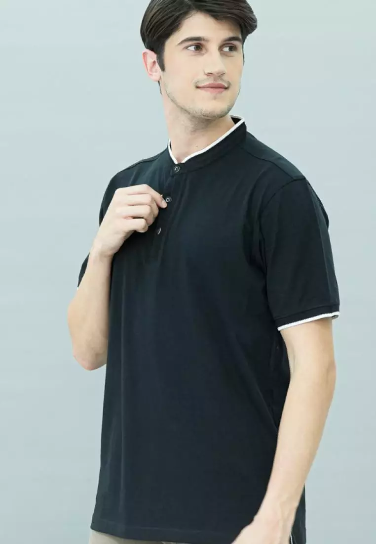 Johnwin - Kaos Henley - Kaos Lengan Pendek - Kerah Shanghai - Hitam - APS.321.M2871E.33.C-S/S