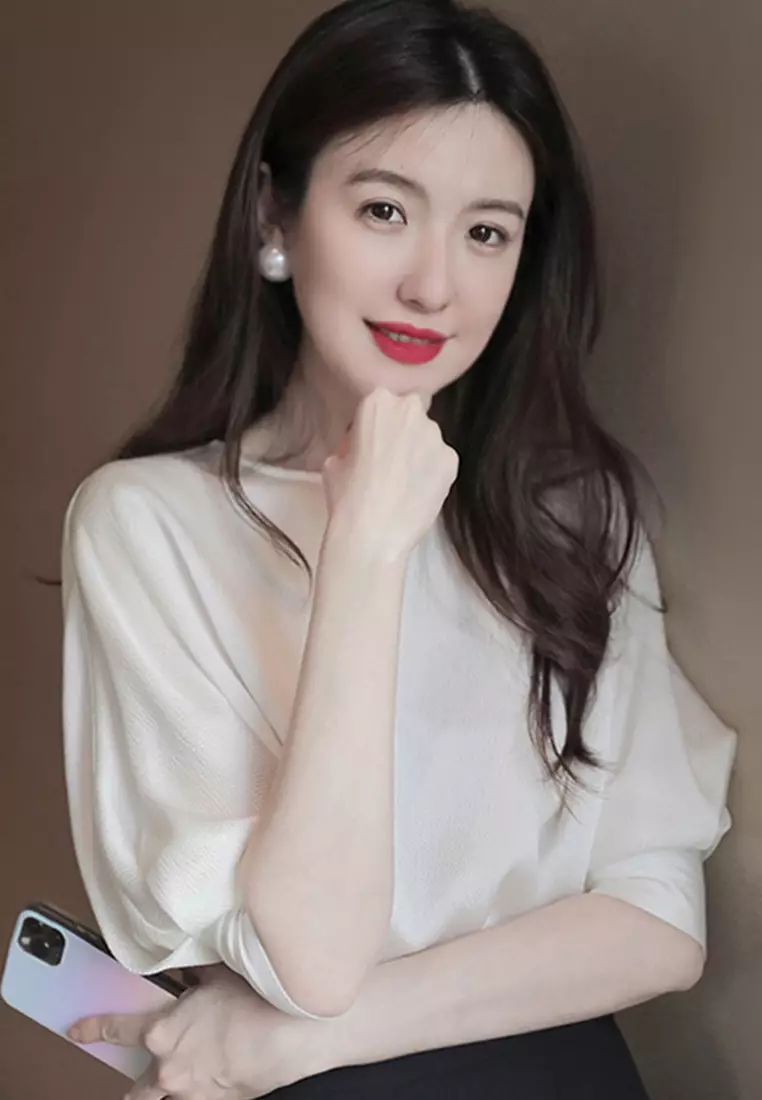 2025 S/S Age-Reducing Round Neck Puff Sleeve Waist Shirt Solid Color Top A23021505