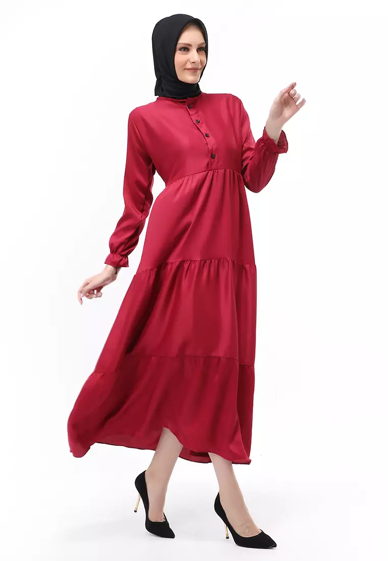 Alvia Gamis Rempel Panjang Wanita Motif Polos Long Sleeve Regular Fit - Maroon