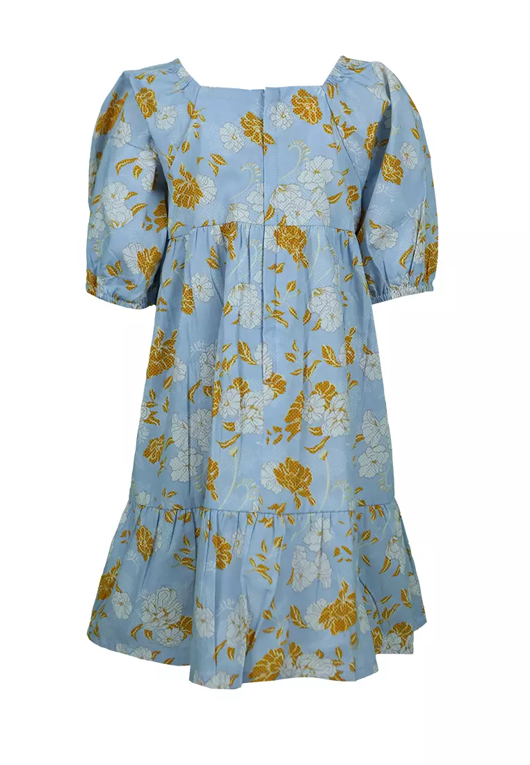 Qna Girl Queensha Midi Dress Anak Biru Motif Bunga
