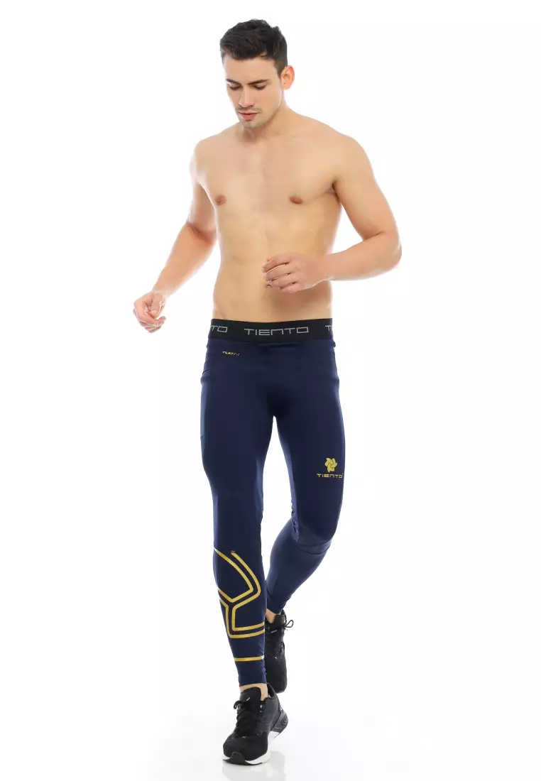Tiento Baselayer Leging Celana Panjang Ketat Olahraga Pria Legging Sport Long Pants EXO Series Navy Gold Men