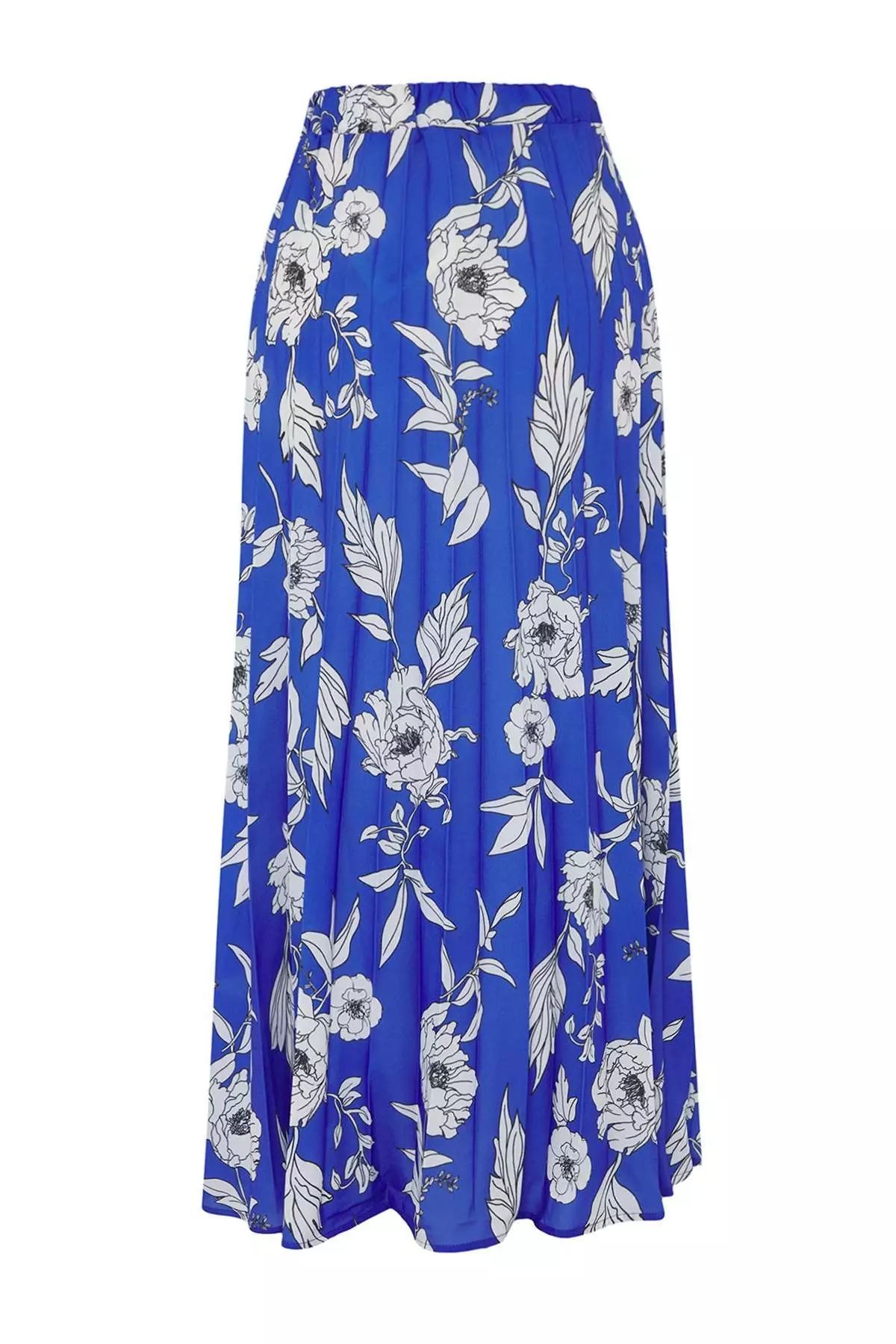 Dark Blue Floral Patterned Pleated Woven Skirt With Elastic Waist Tctss23Ee00018