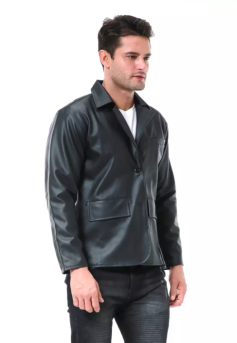 Danny Blazer Casual Formal Pria Outerwear Lengan Panjang Motif Polos Material Leather ORIGINAL - Black