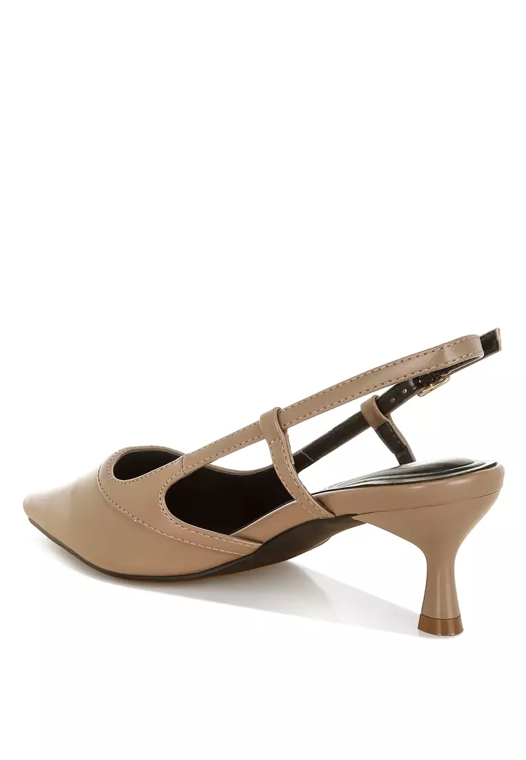 Slingback Pin Buckle Kitten Heels In Taupe