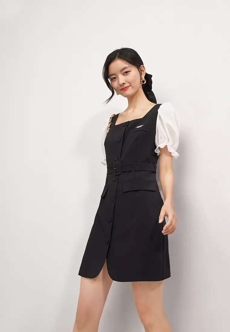 Square Neck Contrast Sleeve Mini Dress