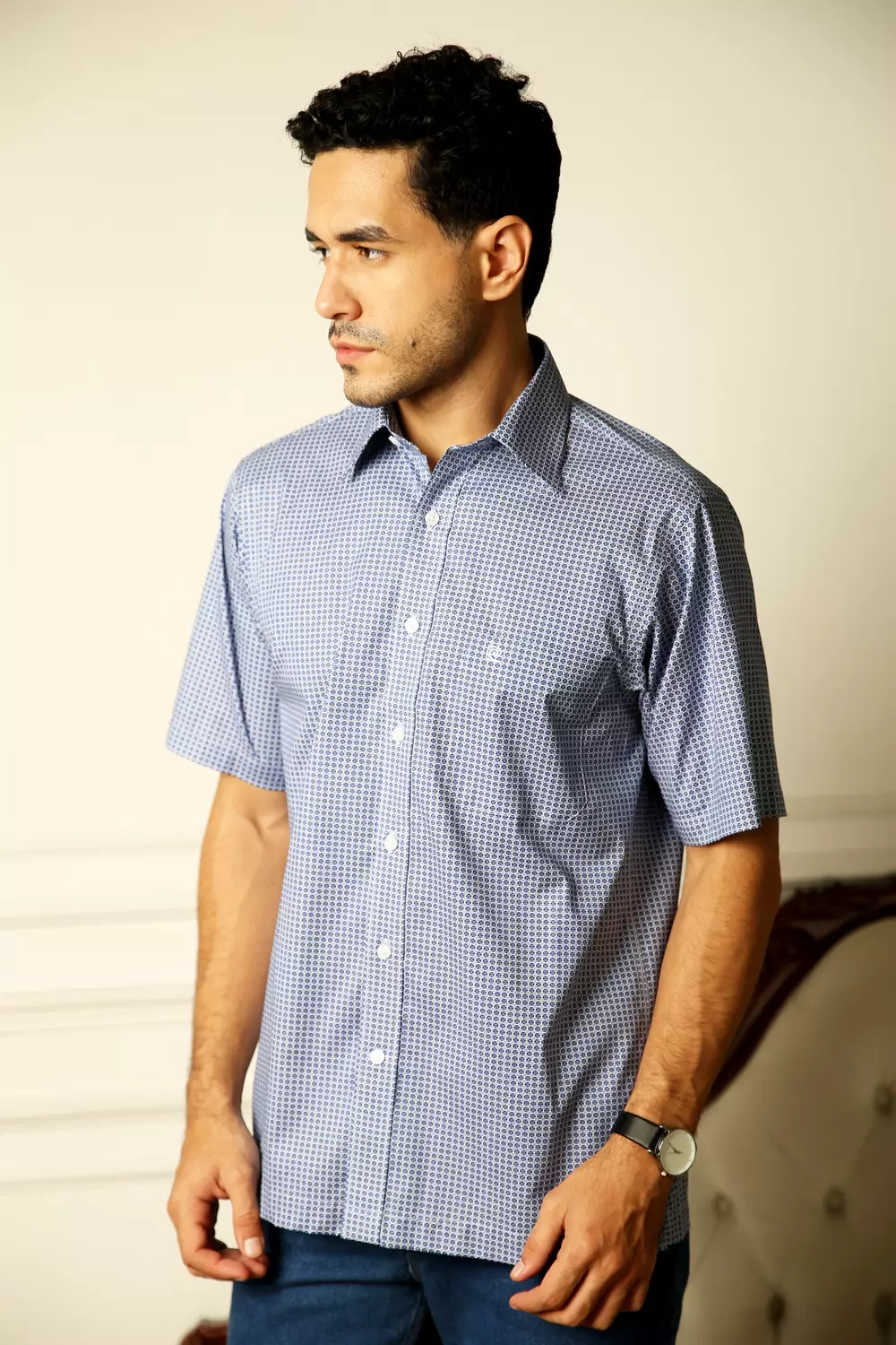 Kemeja Lengan Pendek Pierre Cardin TechnoShirt Orion Storm Blossom - Blue Cotton Smart Casual