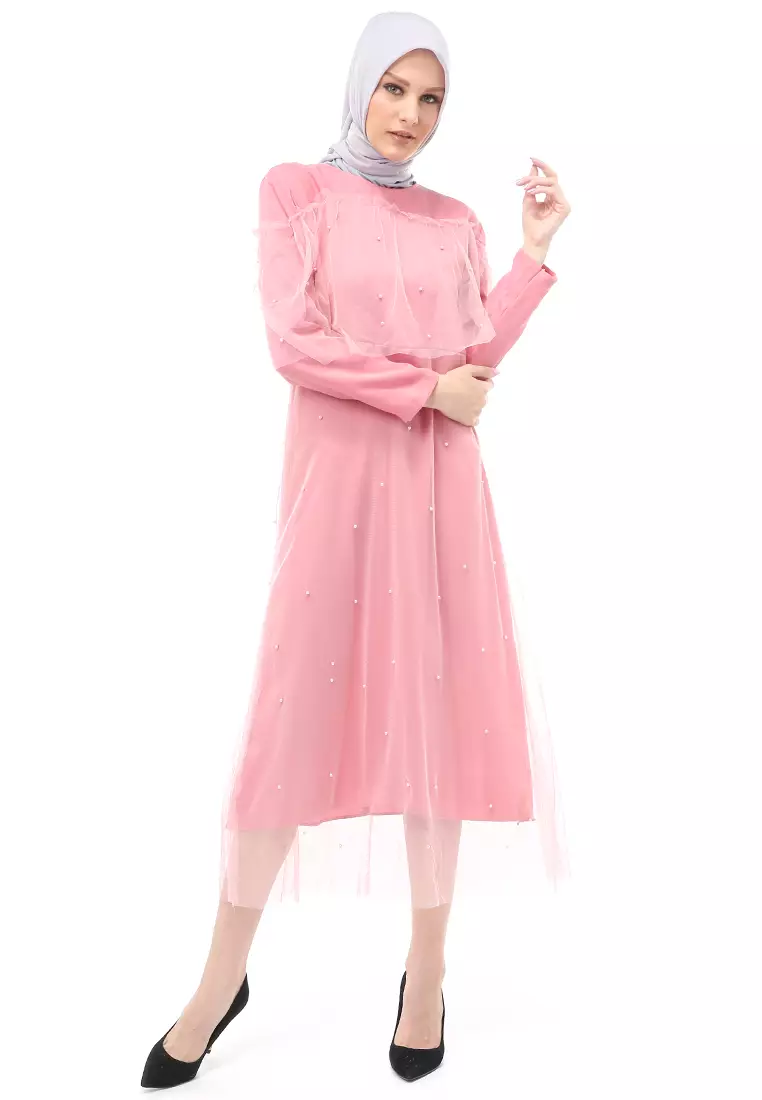 Riany Gamis Brukat Muslimah Wanita Motif Hiasan Long Dress Regular Fit - Dusty