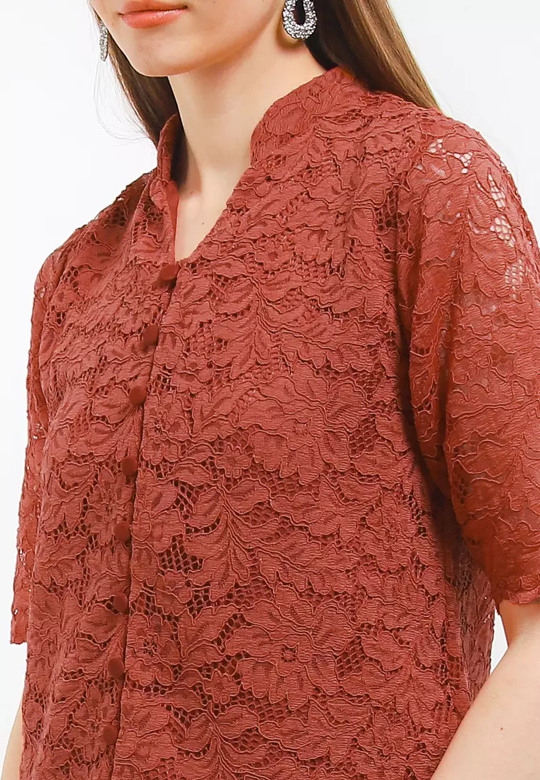 Blouse Lace Kebaya Atasan Kebaya Wanita Brukat Keyva Rust