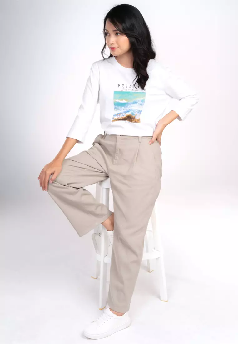 C2 Vishal Ecru Straight Cut Pants Wanita