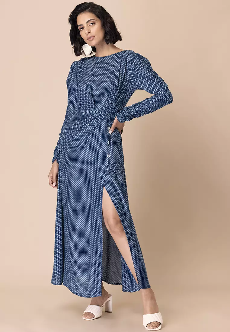 Navy Cross Stitch Draped Maxi Dress