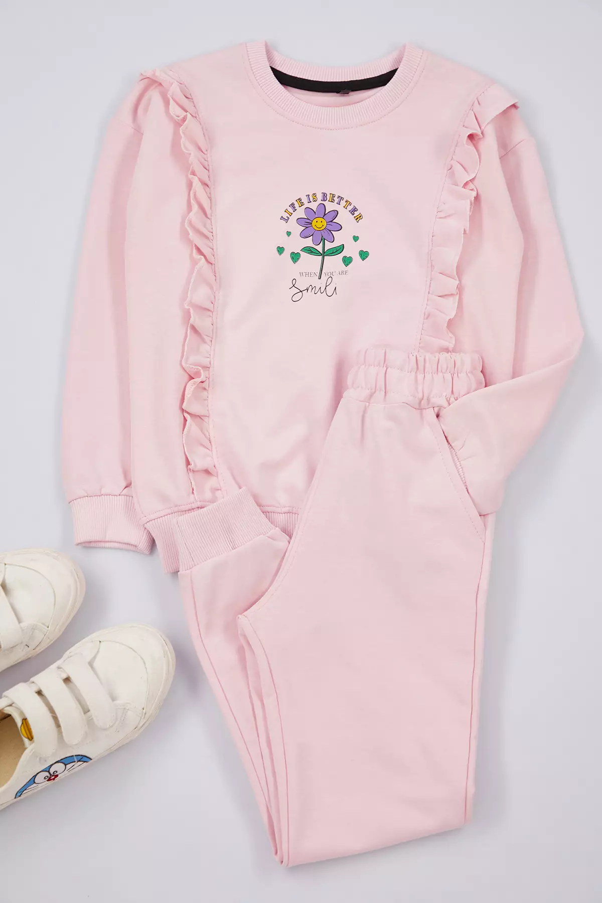 Lilac Floral Patterned Knitted Pajamas Set For Girl - Tkdaw25Au00077