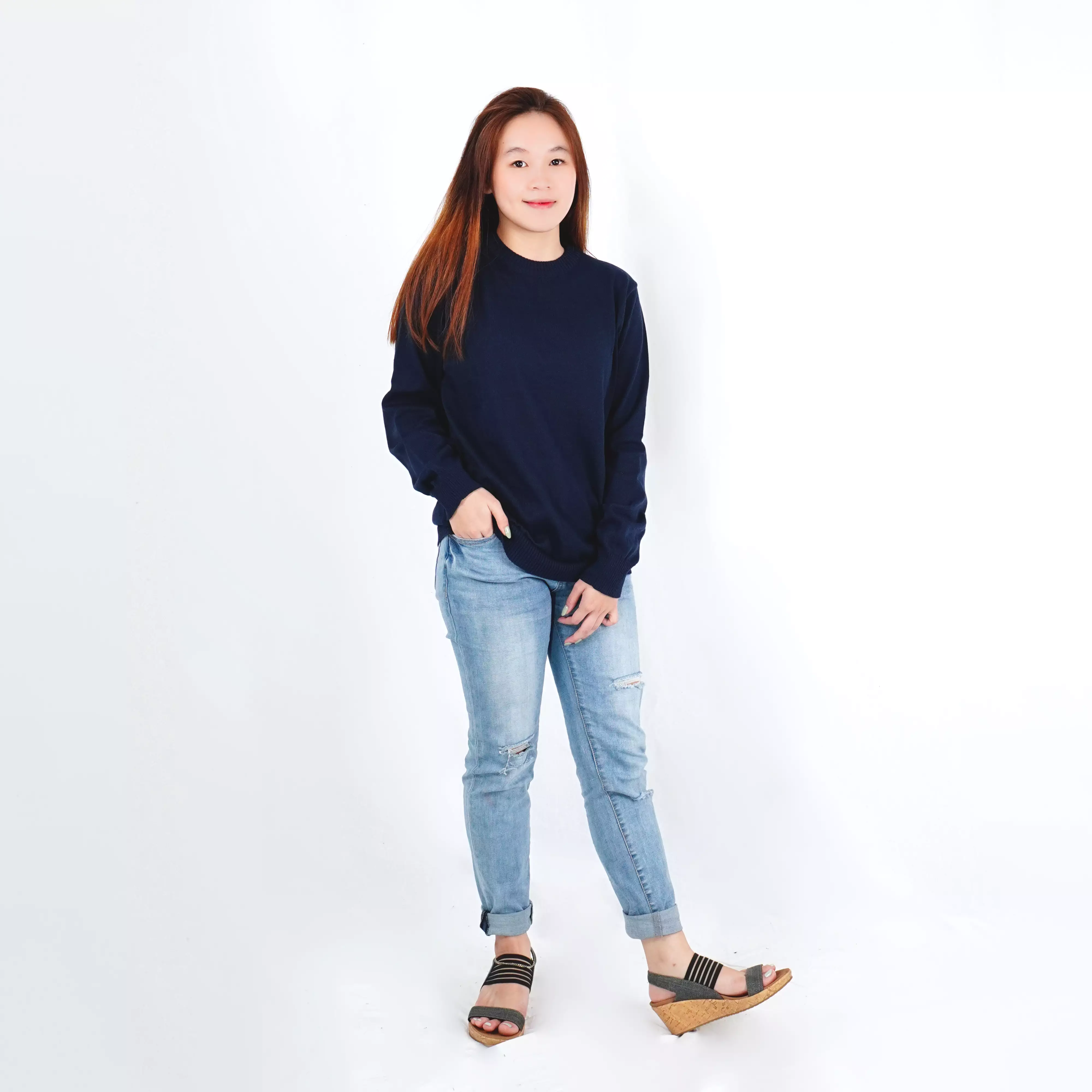 ONIE Knit Sweater Rajut Wanita Sweter Leher O Knit Outer O Neck Fashion Wanita - NAVY