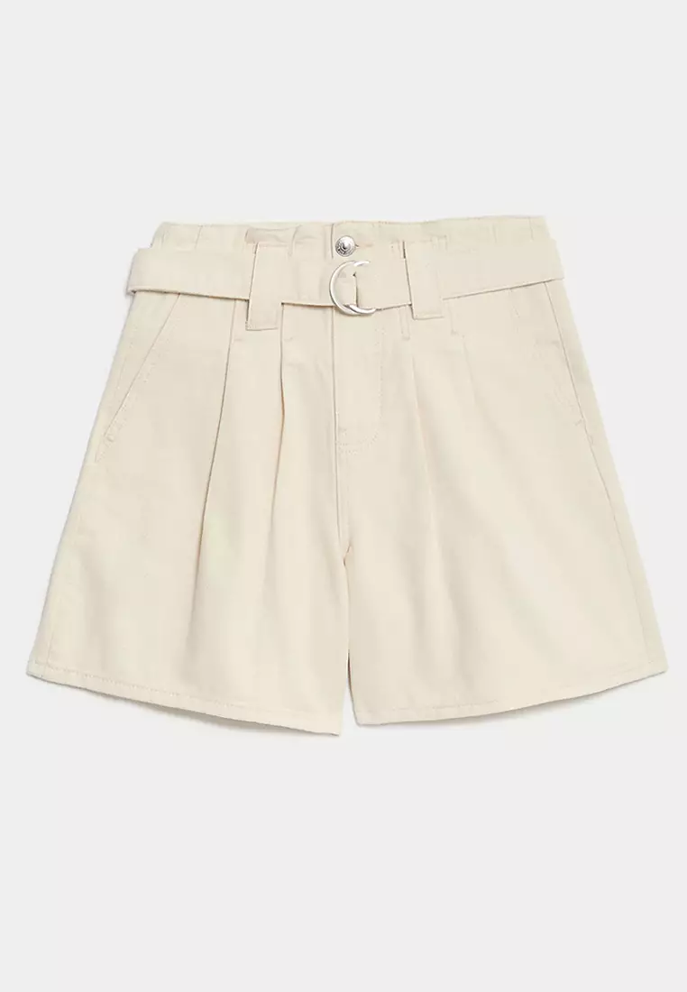 Denim Pleat Front Belted Shorts