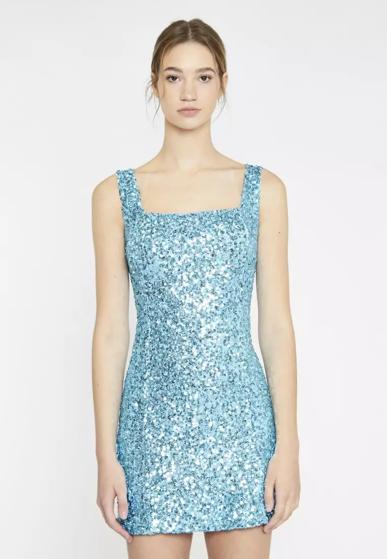Aquamarine Sequin Square Neck Mini Dress