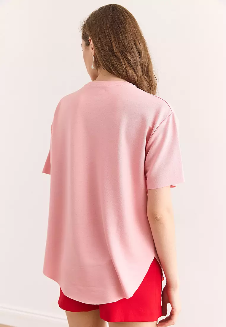 女裝粉末莫代爾紋理柔軟紋理六個橢圓形T恤 Tsh-19000771