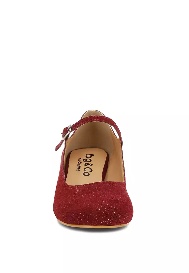 Sandal Mary Jane Suede Berkilau Merah