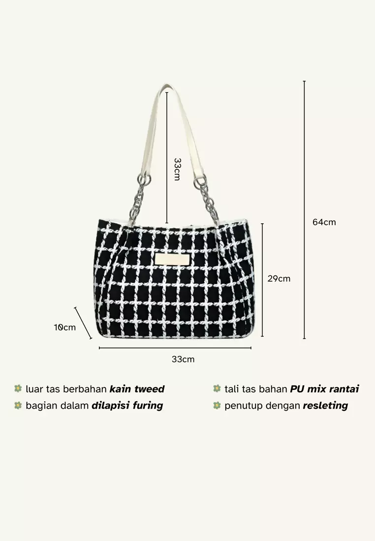 Wakakids Tas Wanita Bahu Shoulder Bag Tote Bag Bahan Kain Tweed Plaid Pattern Venrc Hitam